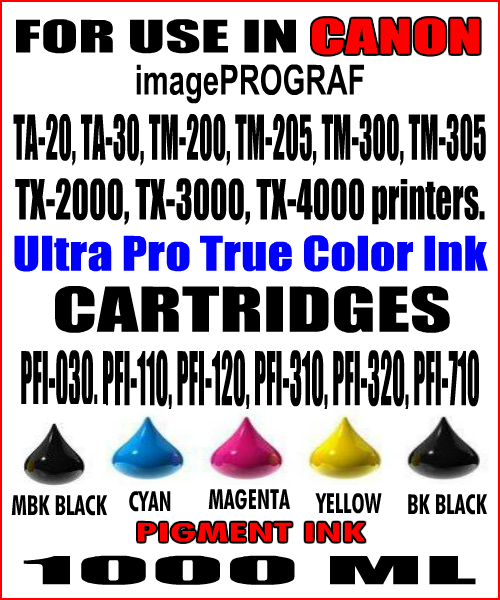 1000 ML Bottle Of Compatible Ink For Canon imagePROGRAF TA-20, TA-30, TM-200, TM-205, TM-240, TM-300, TM-305, TM-340, TM-350, TM-355, TX-2000, TX-3000, TX-4000 printers 
