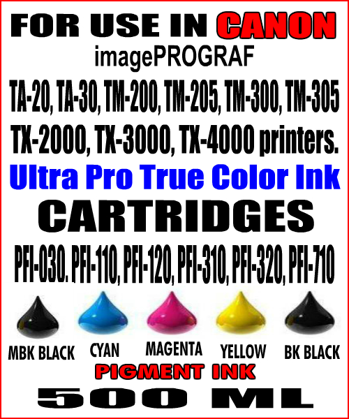 500 ML Bottle Of Compatible Ink For Canon imagePROGRAF TA-20, TA-30, TM-200, TM-205, TM-240, TM-300, TM-305, TM-340, TM-350, TM-355, TX-2000, TX-3000, TX-4000 printers 
