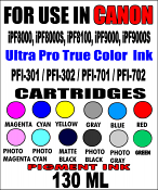 Compatible 130 ML Ink Bottle For Canon PFI-101, PFI-103, PFI-301, PFI-302, PFI-701 and PFI-702 Cartridges; Canon imagePROGRAF: iPF5000, iPF5100, iPF6100, iPF6200, iPF8000, iPF8000S, iPF8100, iPF9000, iPF9000S and iPF9100 Printers