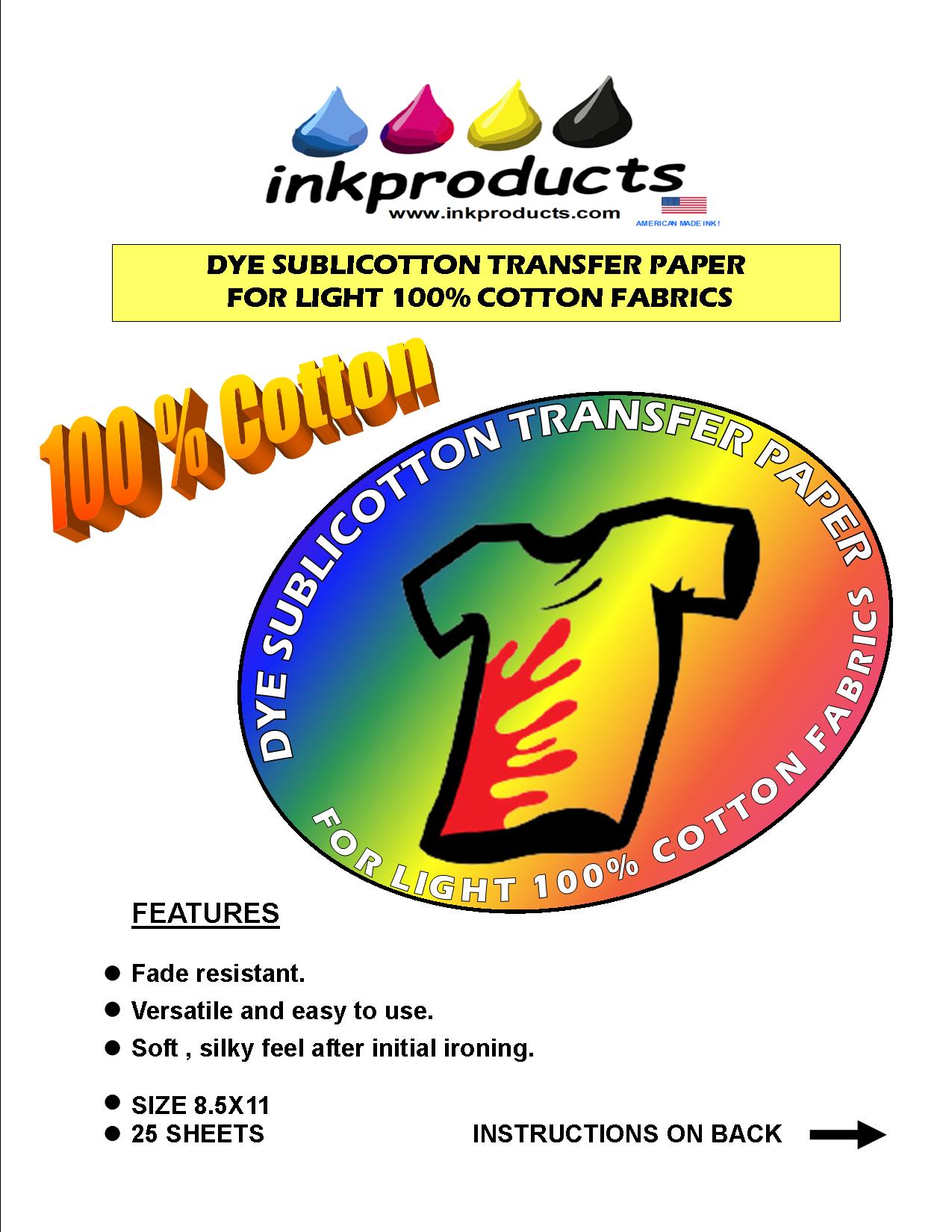 NEW!! Dye Sublicotton Transfer Paper For Light 100% Cotton Fabrics 25 Sheet Pack 